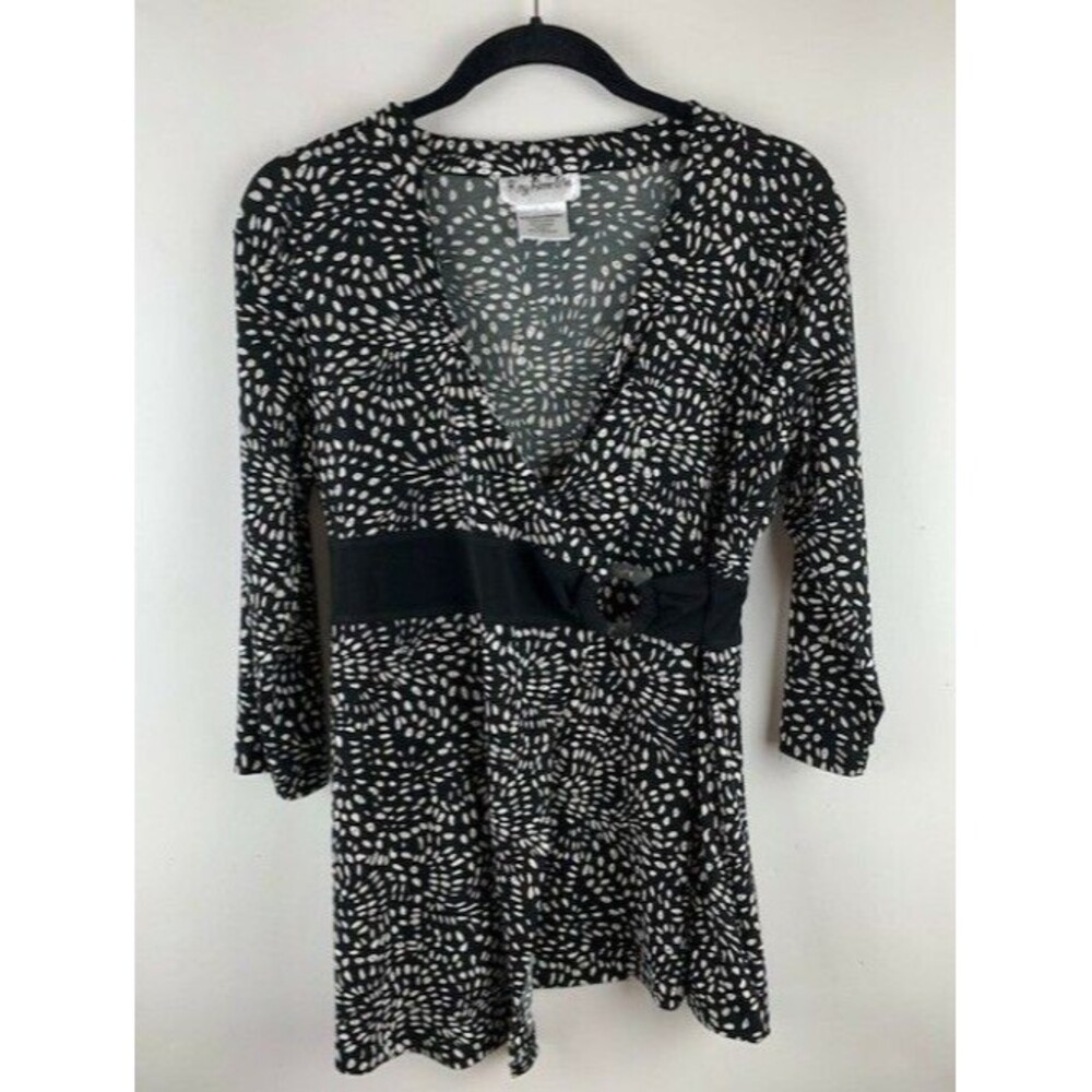 Key Lime Pie Size S Womens Top Tunic Cross Front 3/4 Sleeves Black White
